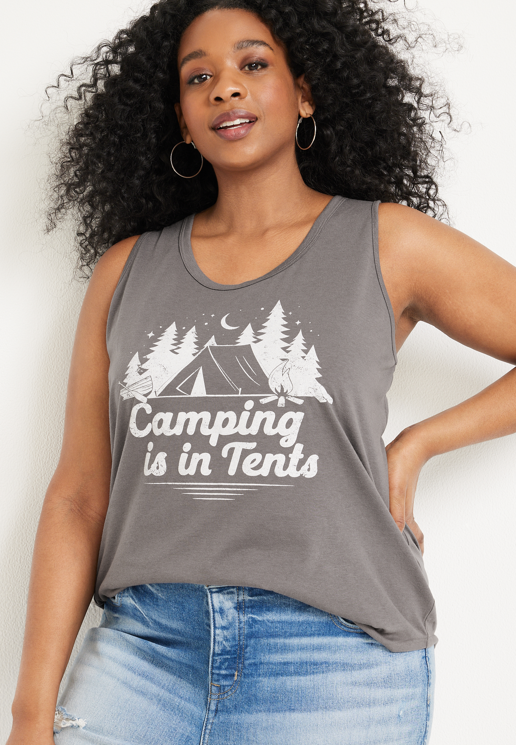 Plus Size Camping Graphic Tank, GREY MOON, large