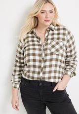 Plus Size Cabin Plaid Button Up Shirt, C6093, small
