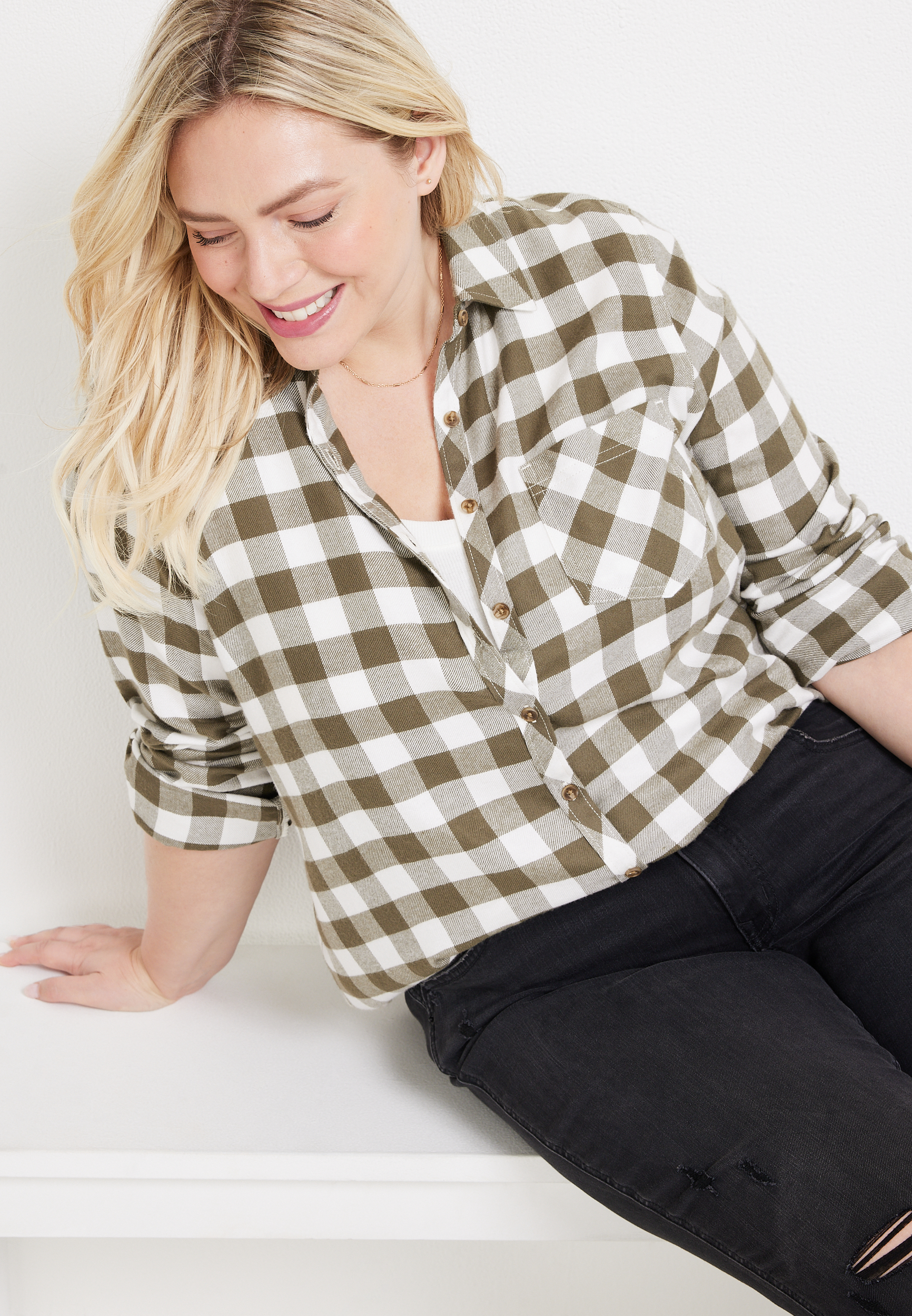 Plus Size Cabin Plaid Button Up Shirt, C6093, large