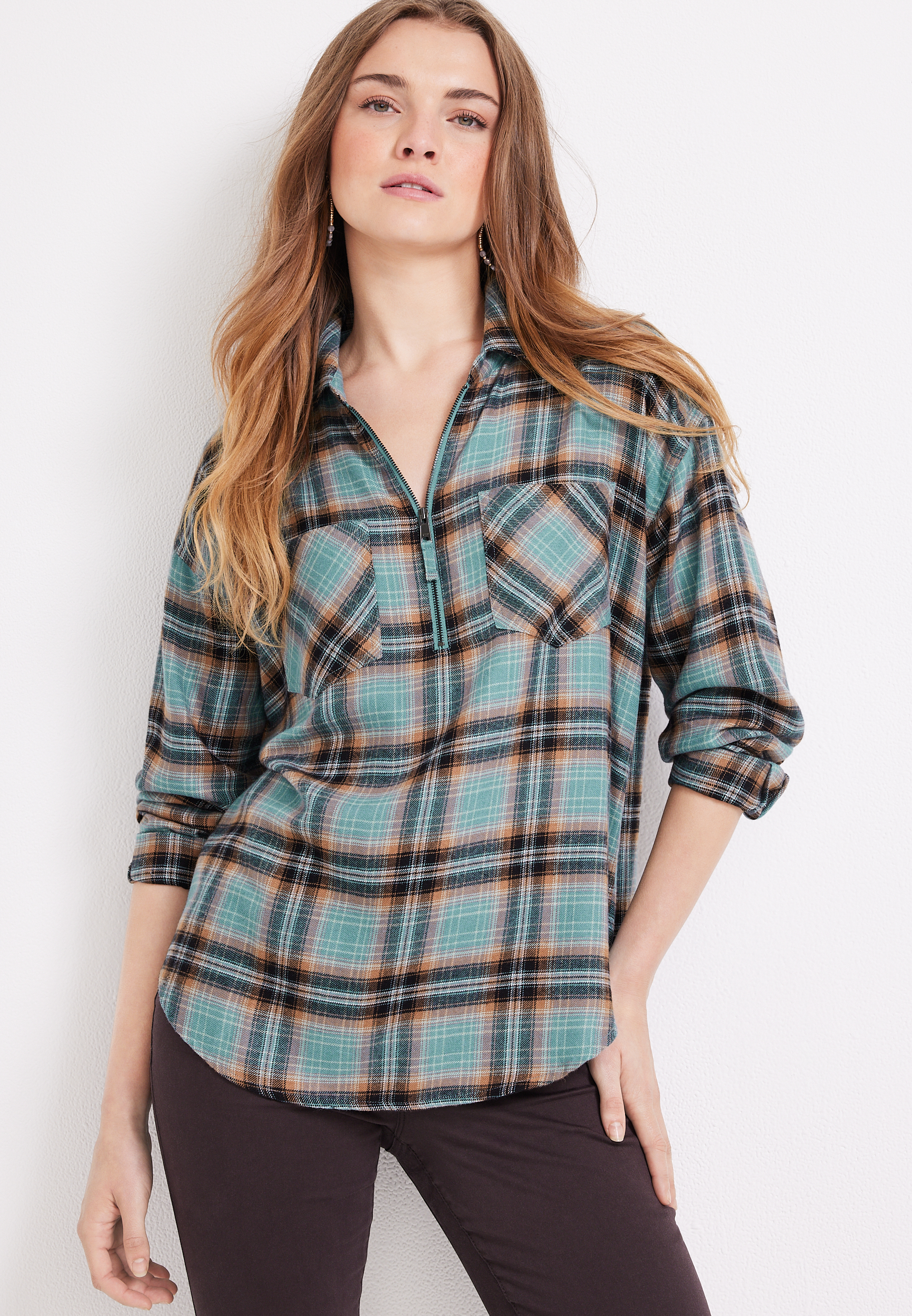 Teal Plaid Quarter Zip Shirt | maurices