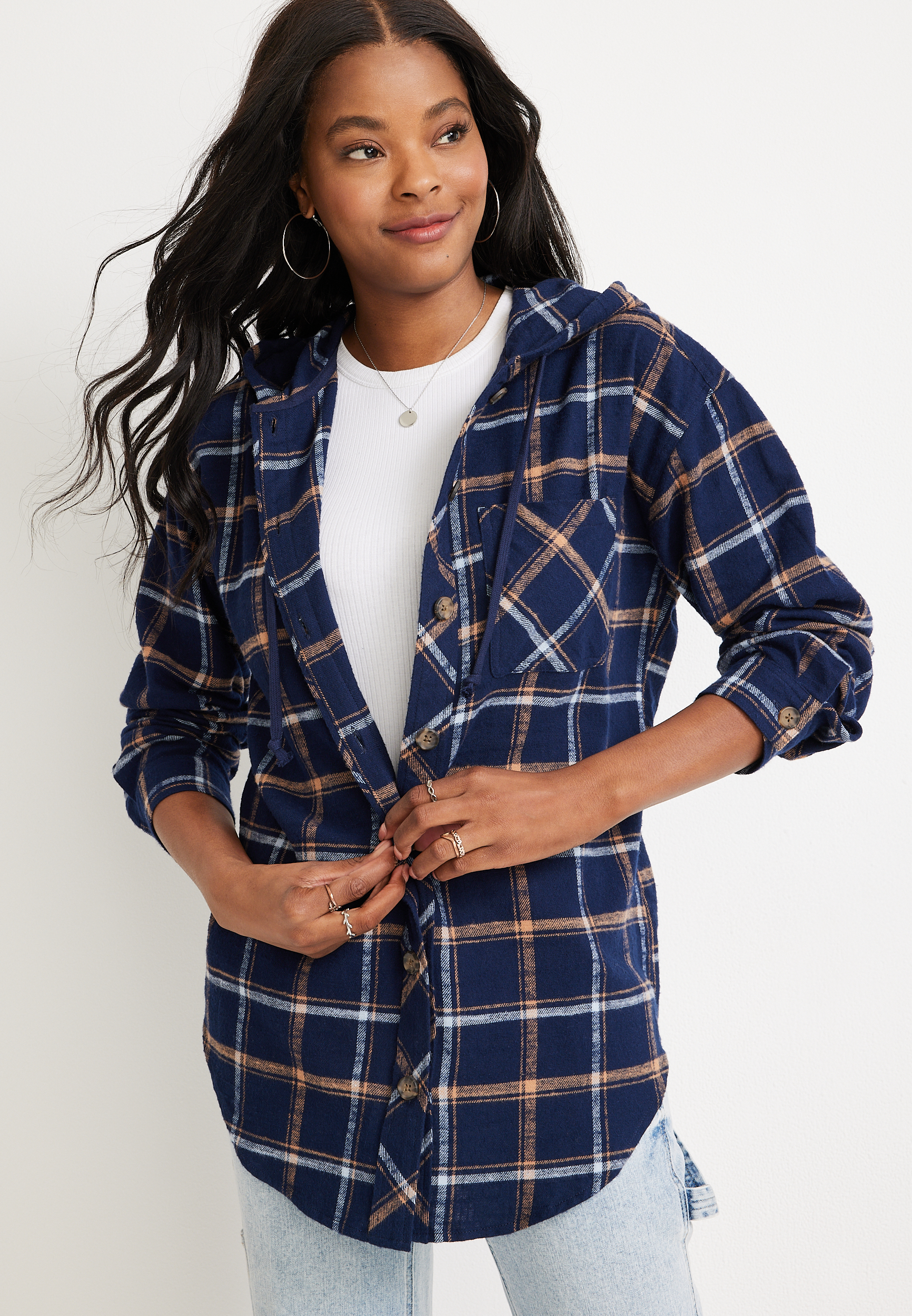 Cabin Plaid Hooded Boyfriend Tunic Shirt | maurices