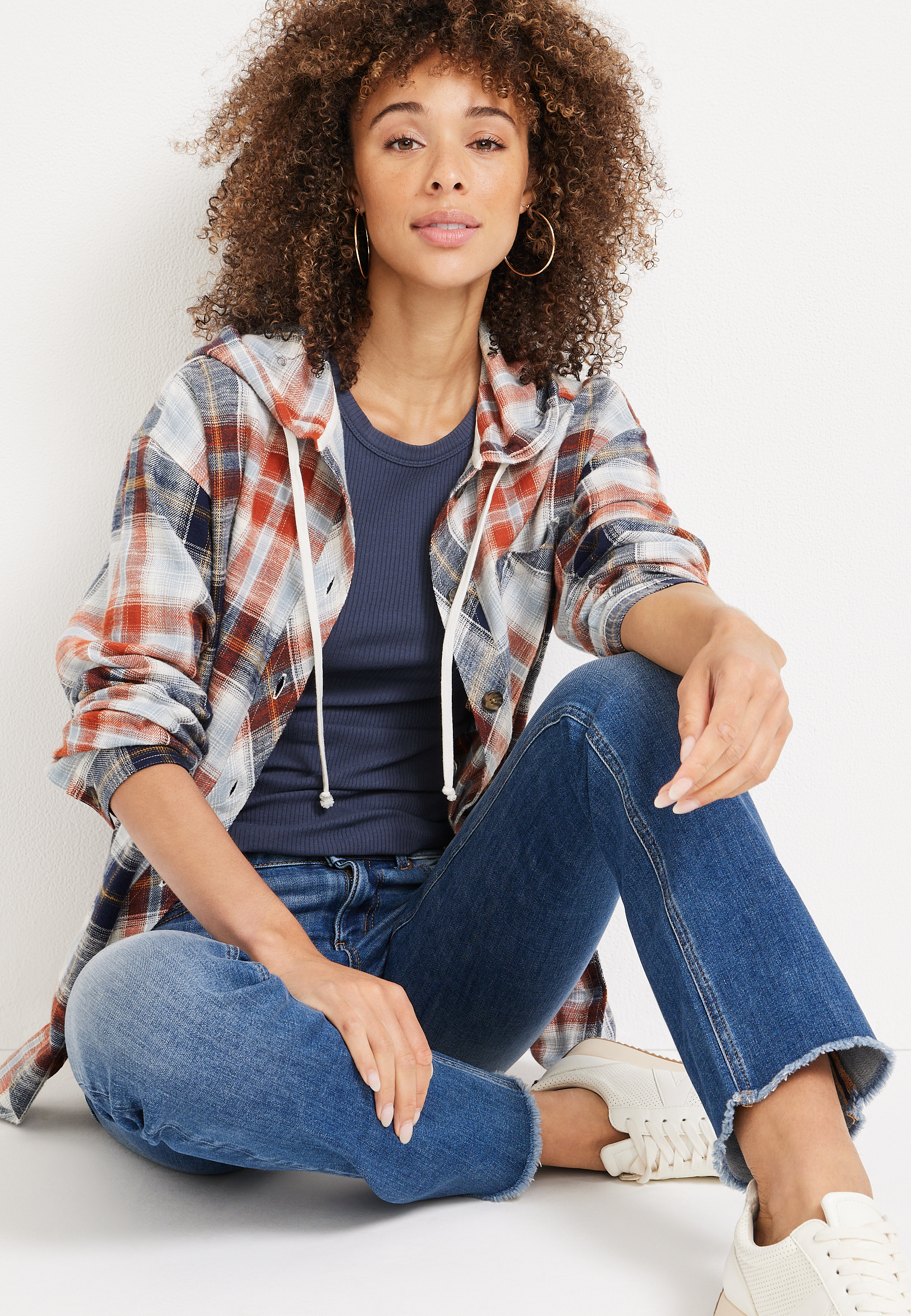 Cabin Plaid Hooded Boyfriend Tunic Shirt | maurices