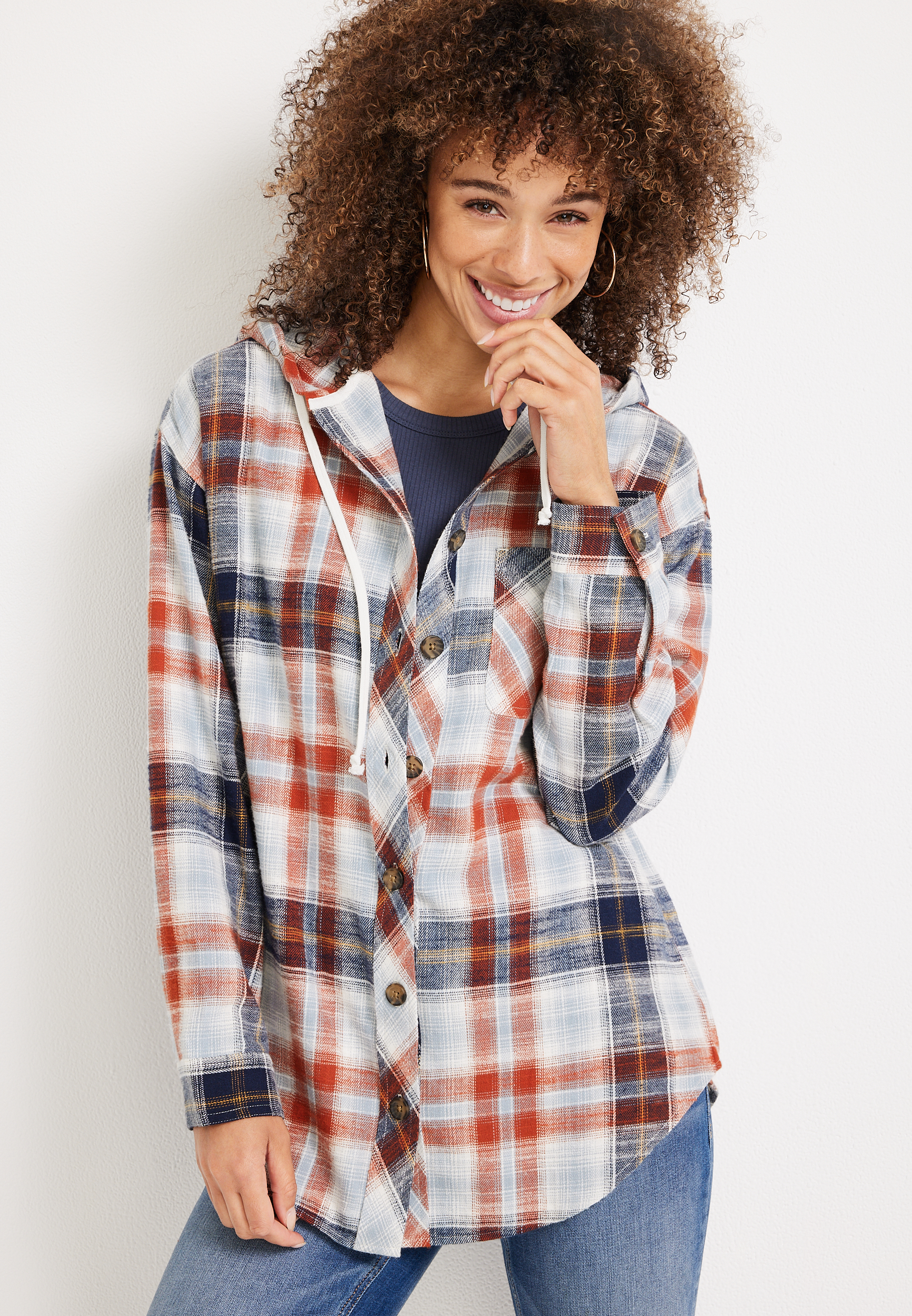 Cabin Plaid Hooded Boyfriend Tunic Shirt, , large