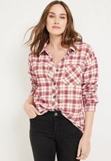 Cabin Plaid Button Up Tunic Boyfriend Shirt, C6092, small