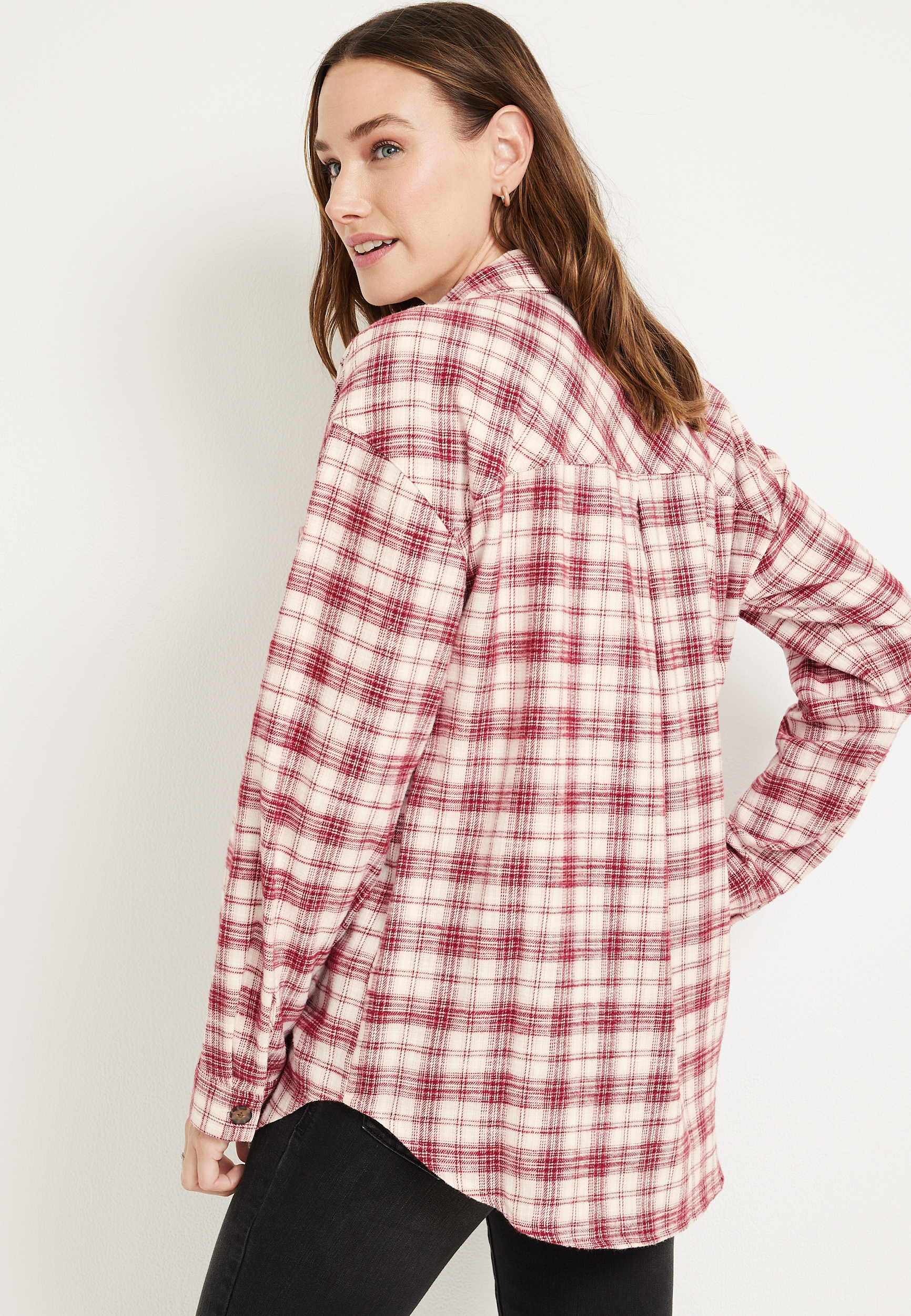 Cabin Plaid Button Up Tunic Boyfriend Shirt, C6092, large