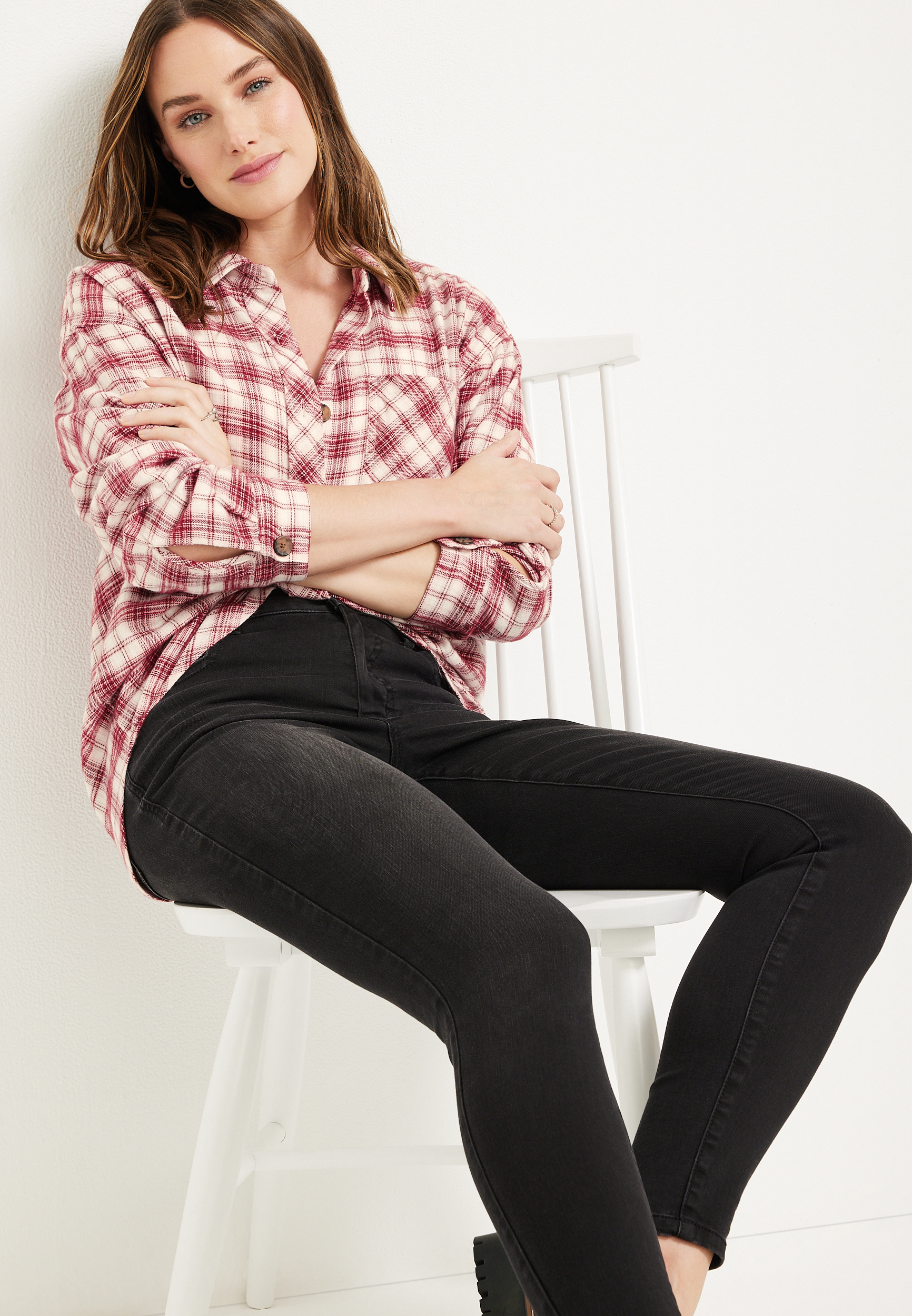Cabin Plaid Button Up Tunic Boyfriend Shirt, C6092, large