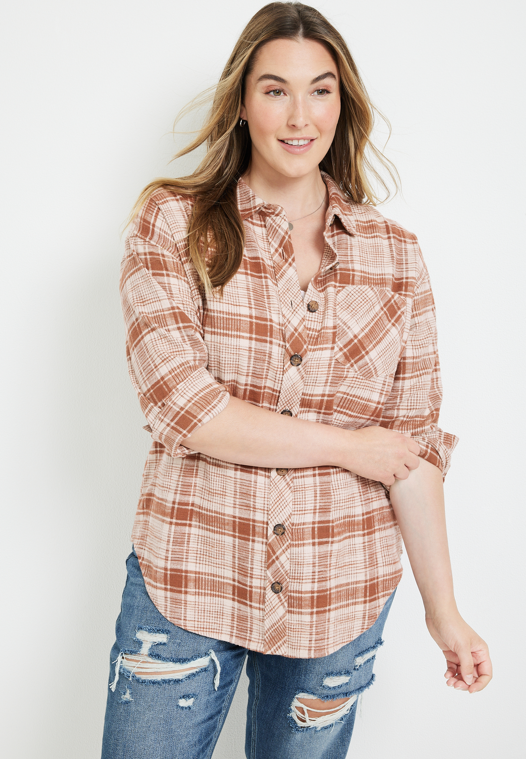 Plus Size Cabin Plaid Button Up Boyfriend Tunic Shirt | maurices