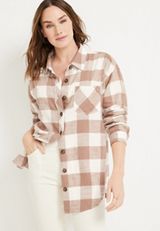 Cabin Plaid Button Up Boyfriend Tunic Shirt, C2561, small