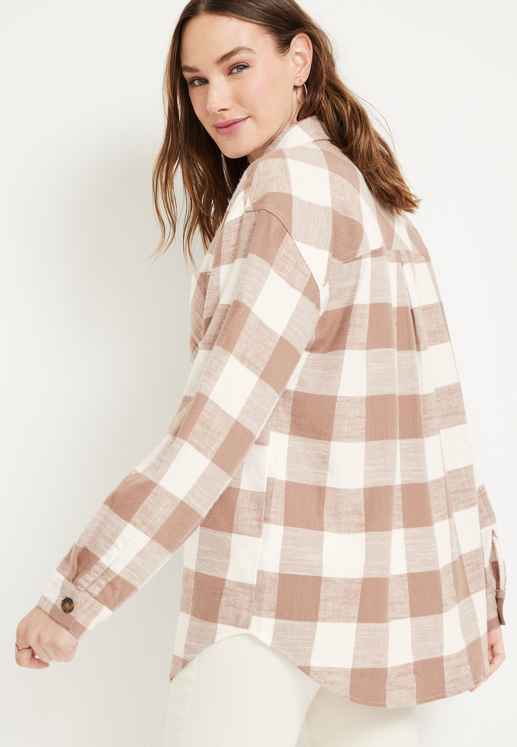 Cabin Plaid Button Up Boyfriend Tunic Shirt, C2561, large
