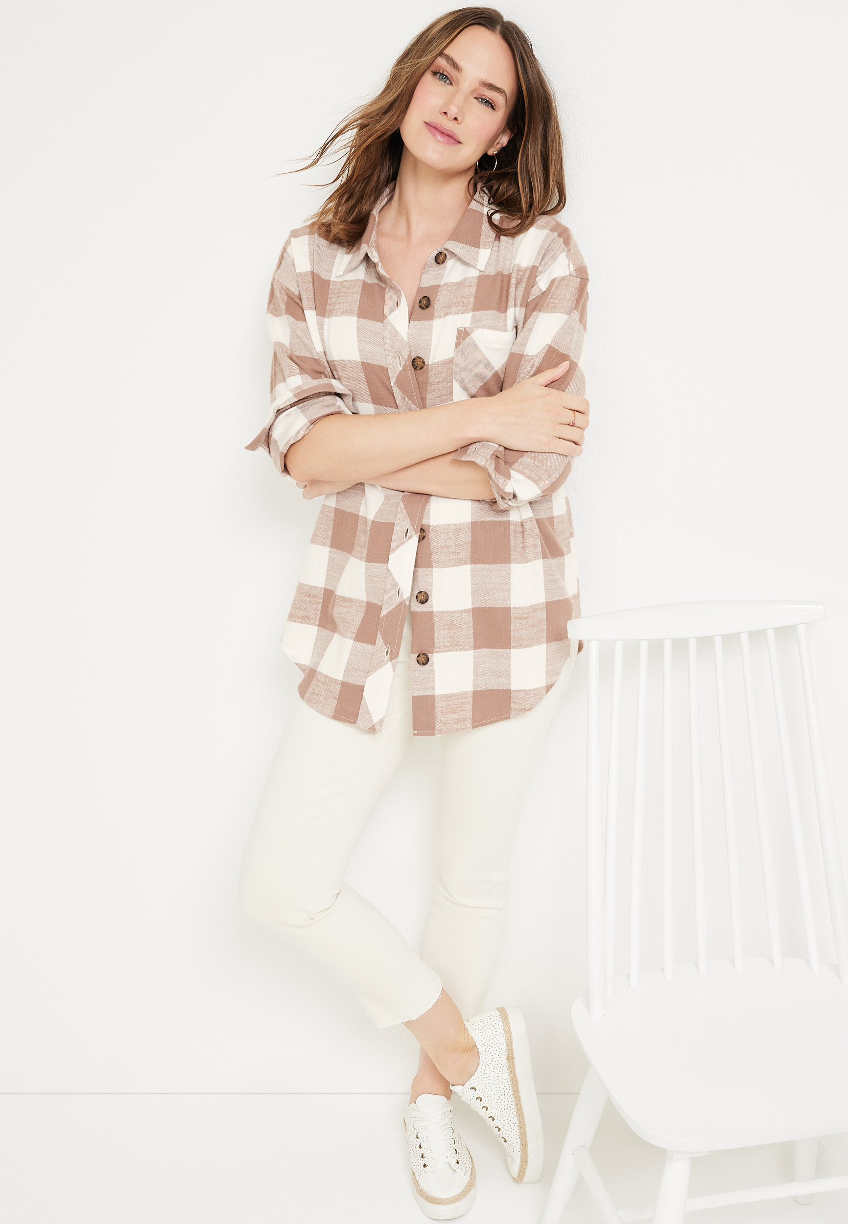 Cabin Plaid Button Up Boyfriend Tunic Shirt, C2561, large