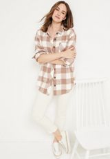 Cabin Plaid Button Up Boyfriend Tunic Shirt, C2561, small