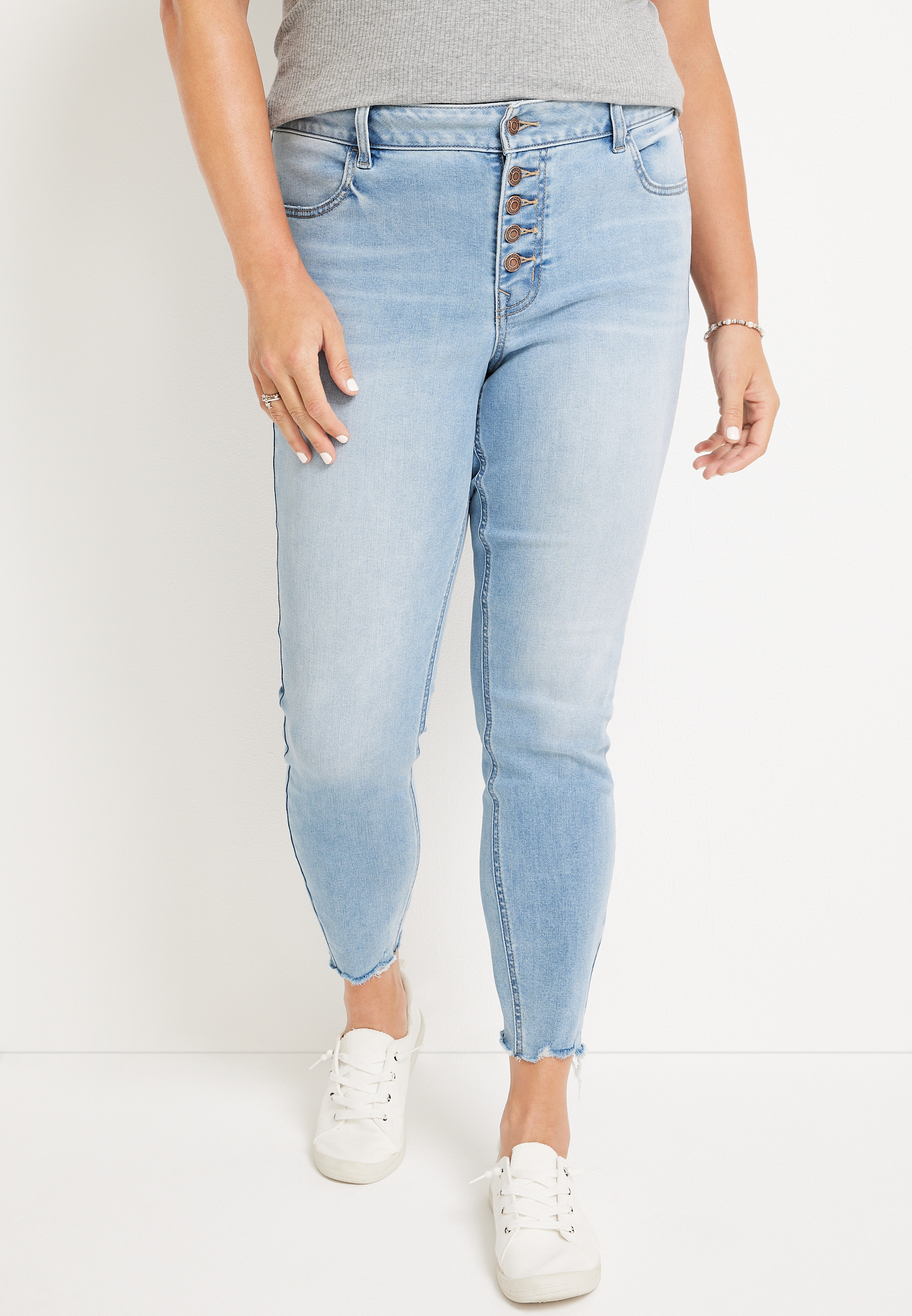 Dropship Plus Size High Rise Button Fly Skinny Jeans; Women's Plus Slight  Stretch Casual Denim Skinny Pants to Sell Online at a Lower Price