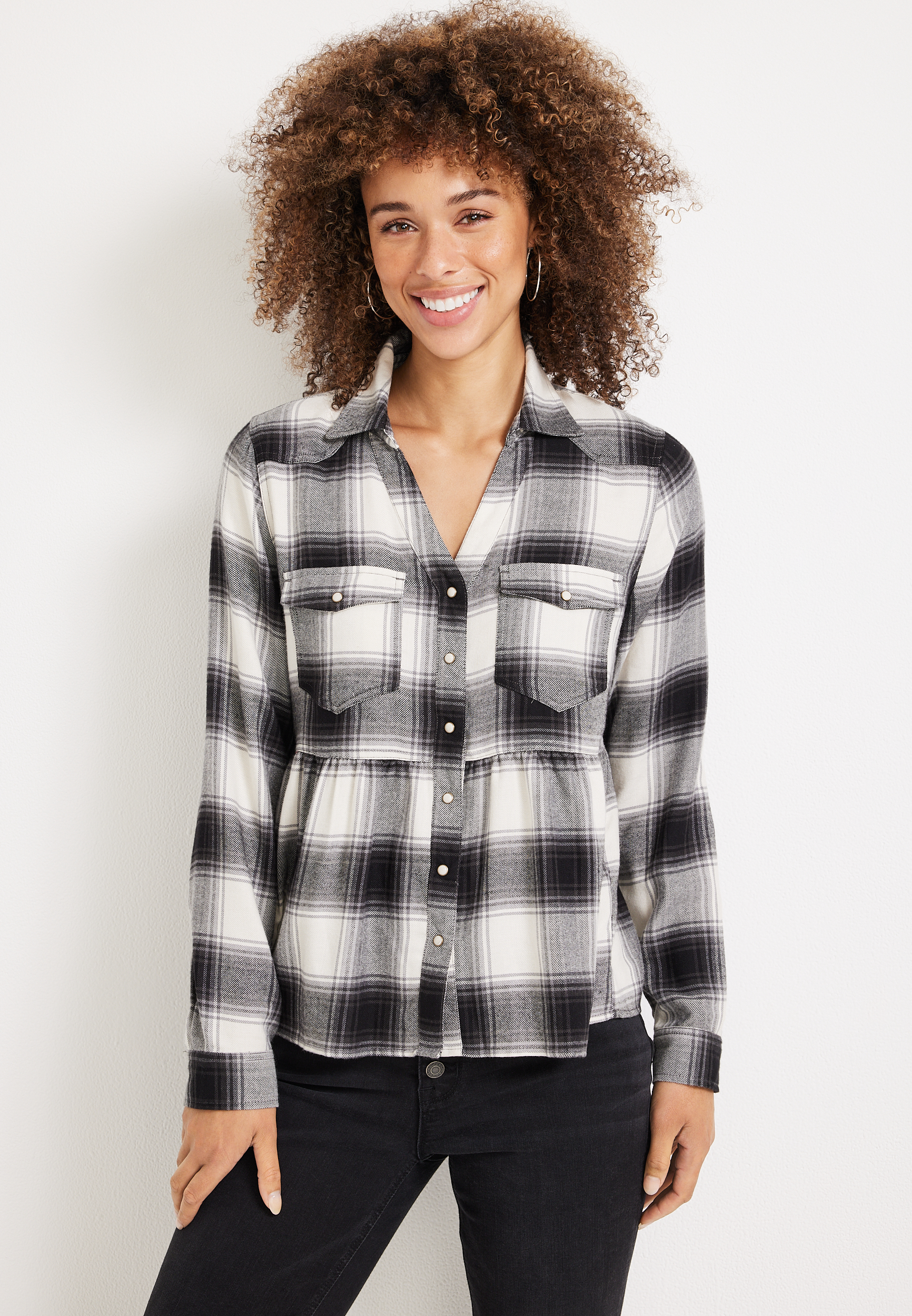 Plaid Babydoll Button Down Shirt | maurices