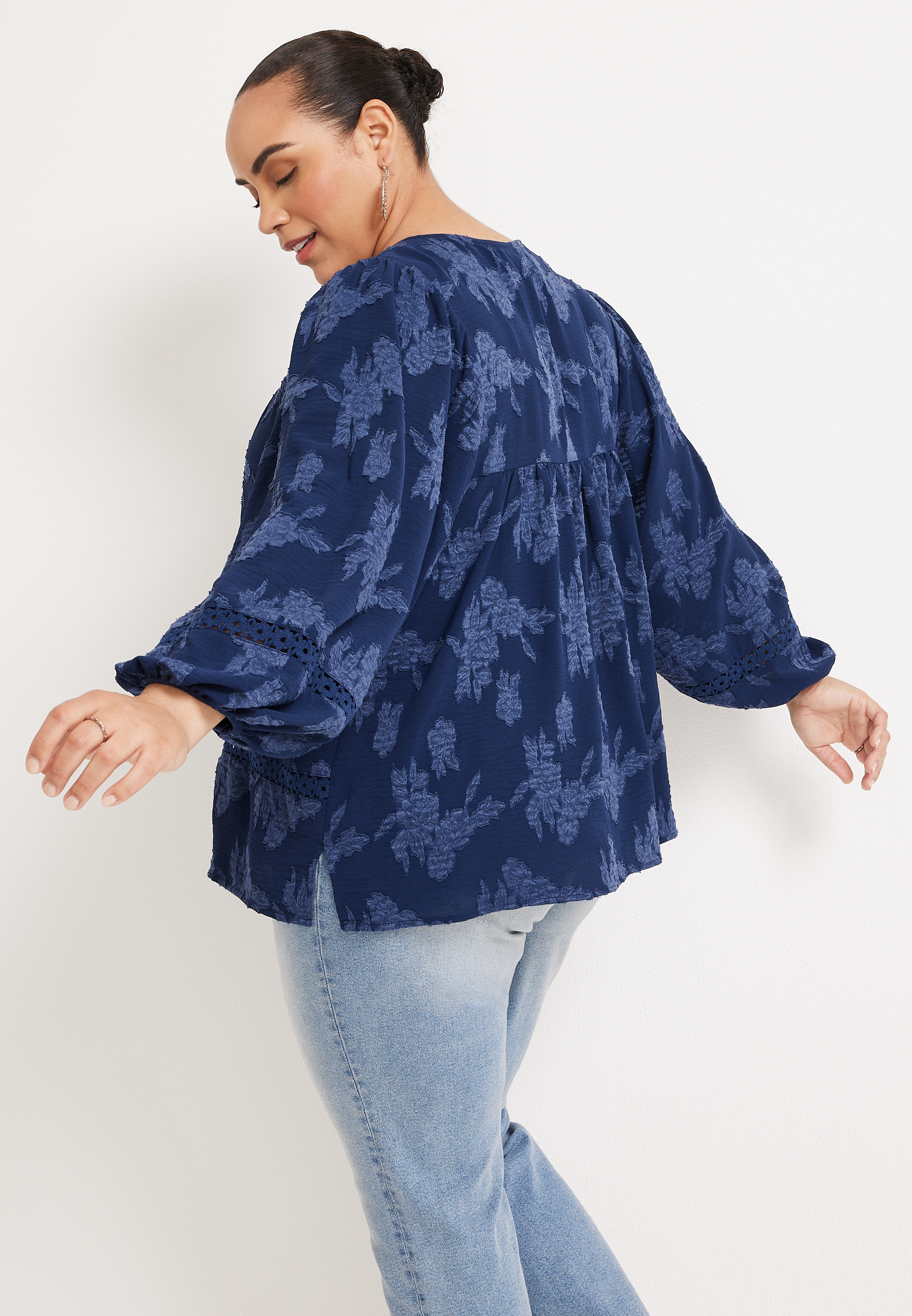 Plus Size Floral Jacquard Crochet Trim Peasant Blouse, C131, large