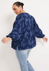 Plus Size Floral Jacquard Crochet Trim Peasant Blouse, C131, small