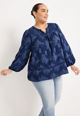 Plus Size Floral Jacquard Crochet Trim Peasant Blouse, C131, small