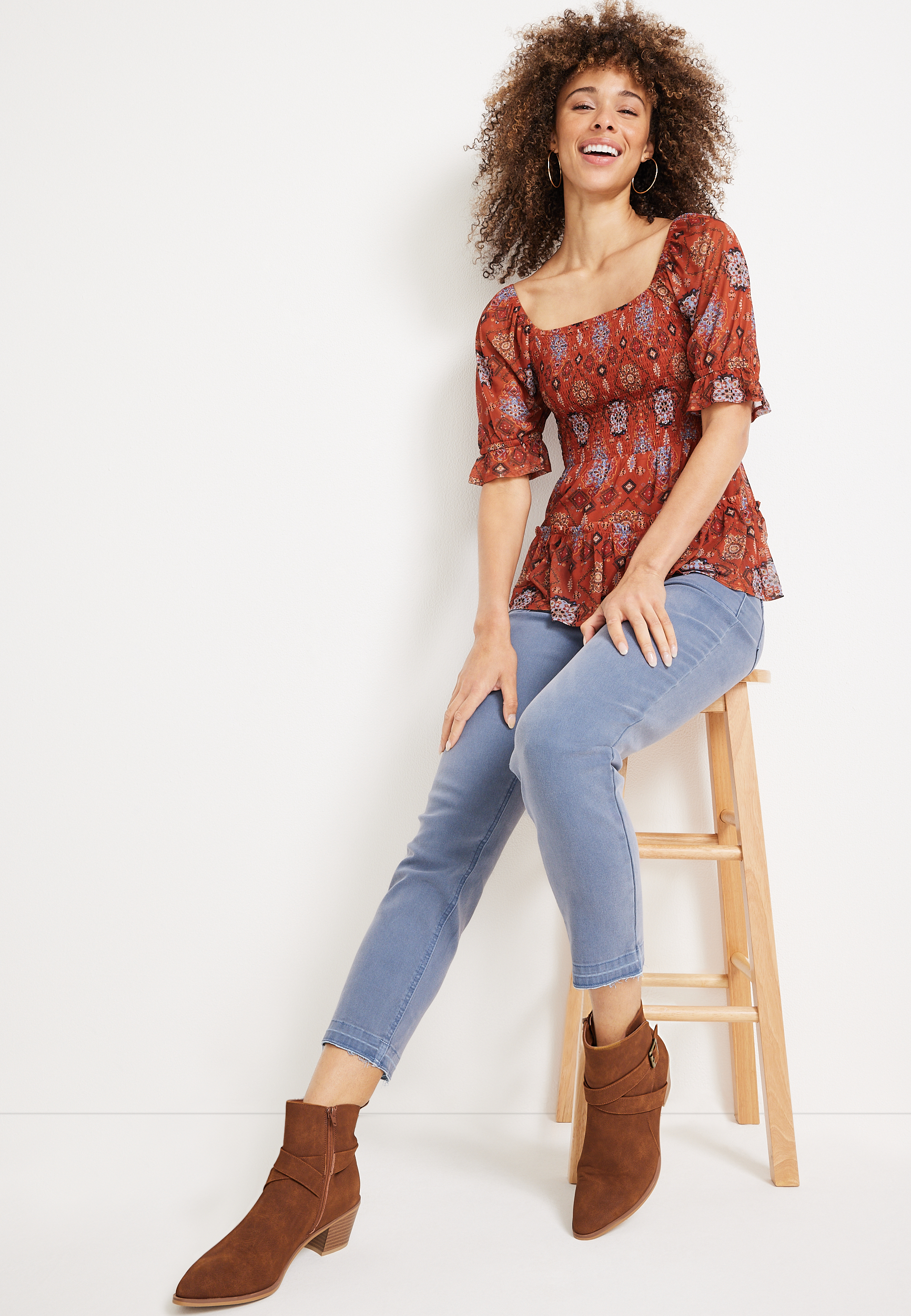 Medallion Smocked Sheer Peplum Top, MULTI, large