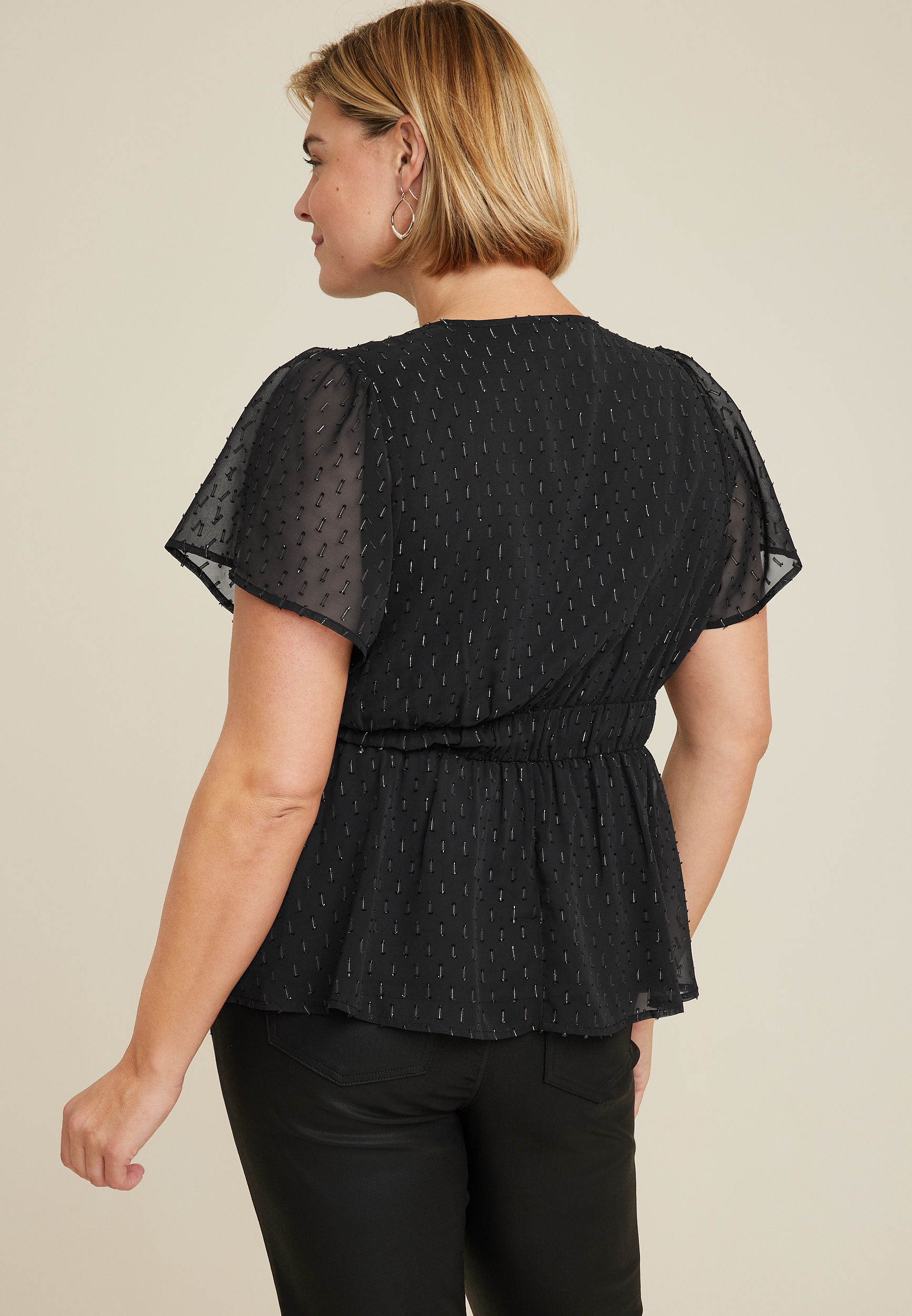 Plus Size Black Metallic Sheer Peplum Blouse, C1756, large