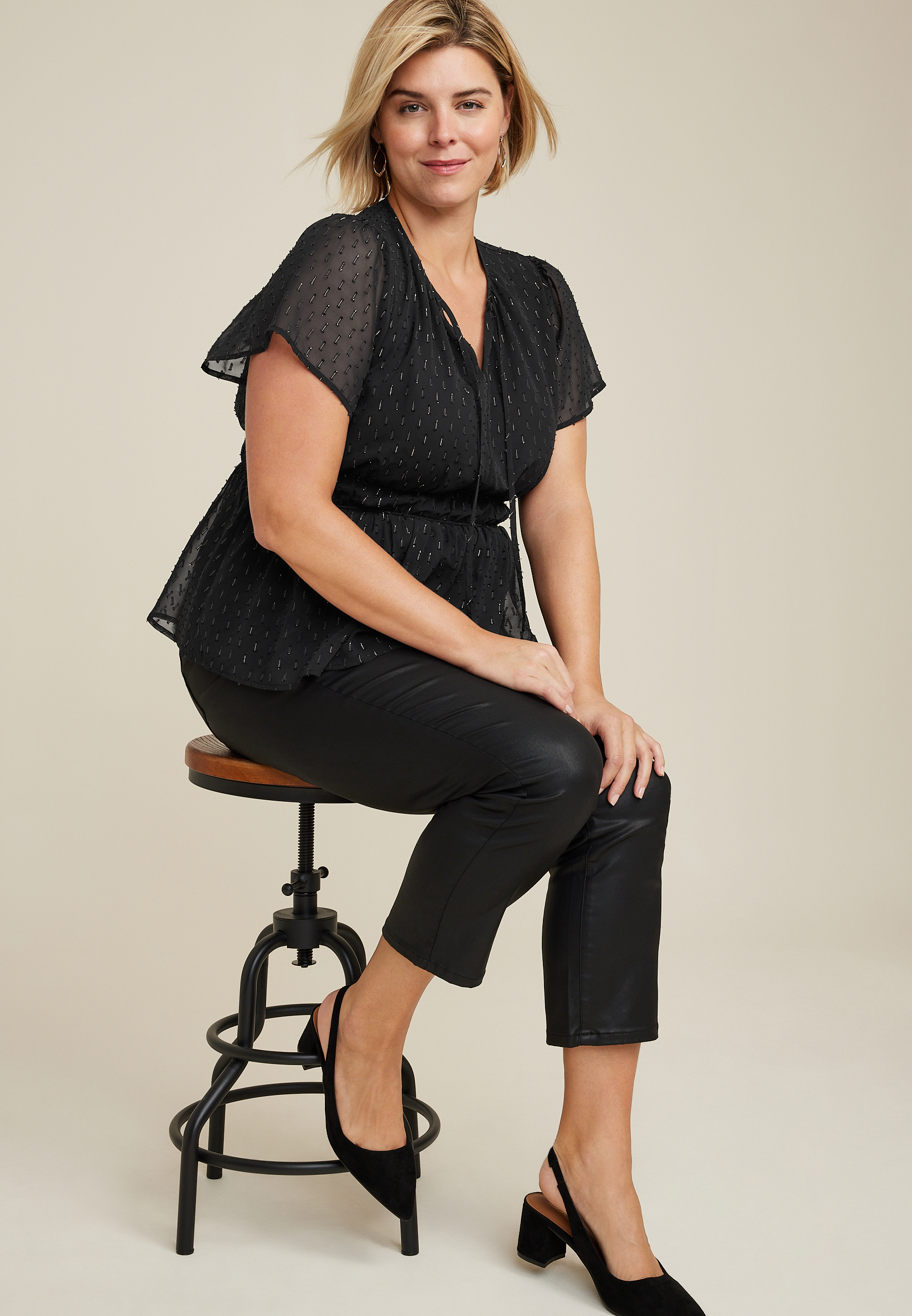 Plus Size Black Metallic Sheer Peplum Blouse, C1756, large