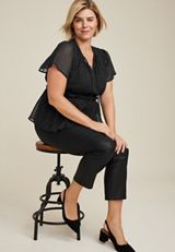 Plus Size Black Metallic Sheer Peplum Blouse, C1756, small