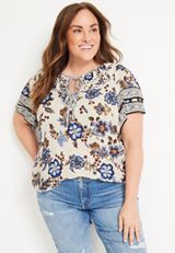 Plus Size Floral Double Flutter Sleeve Blouse, SOFT WHITE COMBO, small