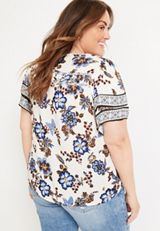 Plus Size Floral Double Flutter Sleeve Blouse, SOFT WHITE COMBO, small
