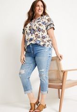Plus Size Floral Double Flutter Sleeve Blouse, SOFT WHITE COMBO, small