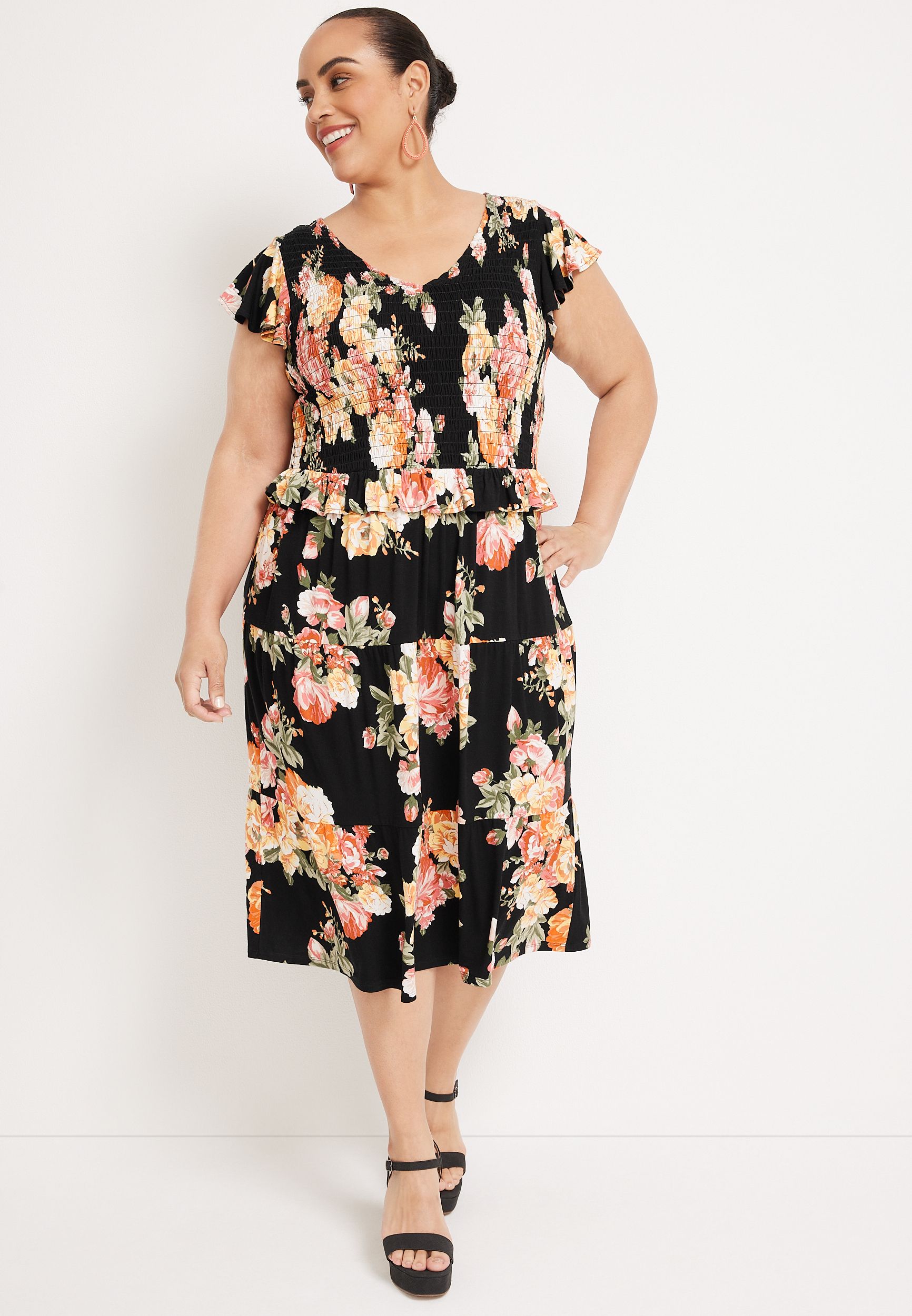 Plus Size 24/7 Floral Smocked Midi Dress | maurices
