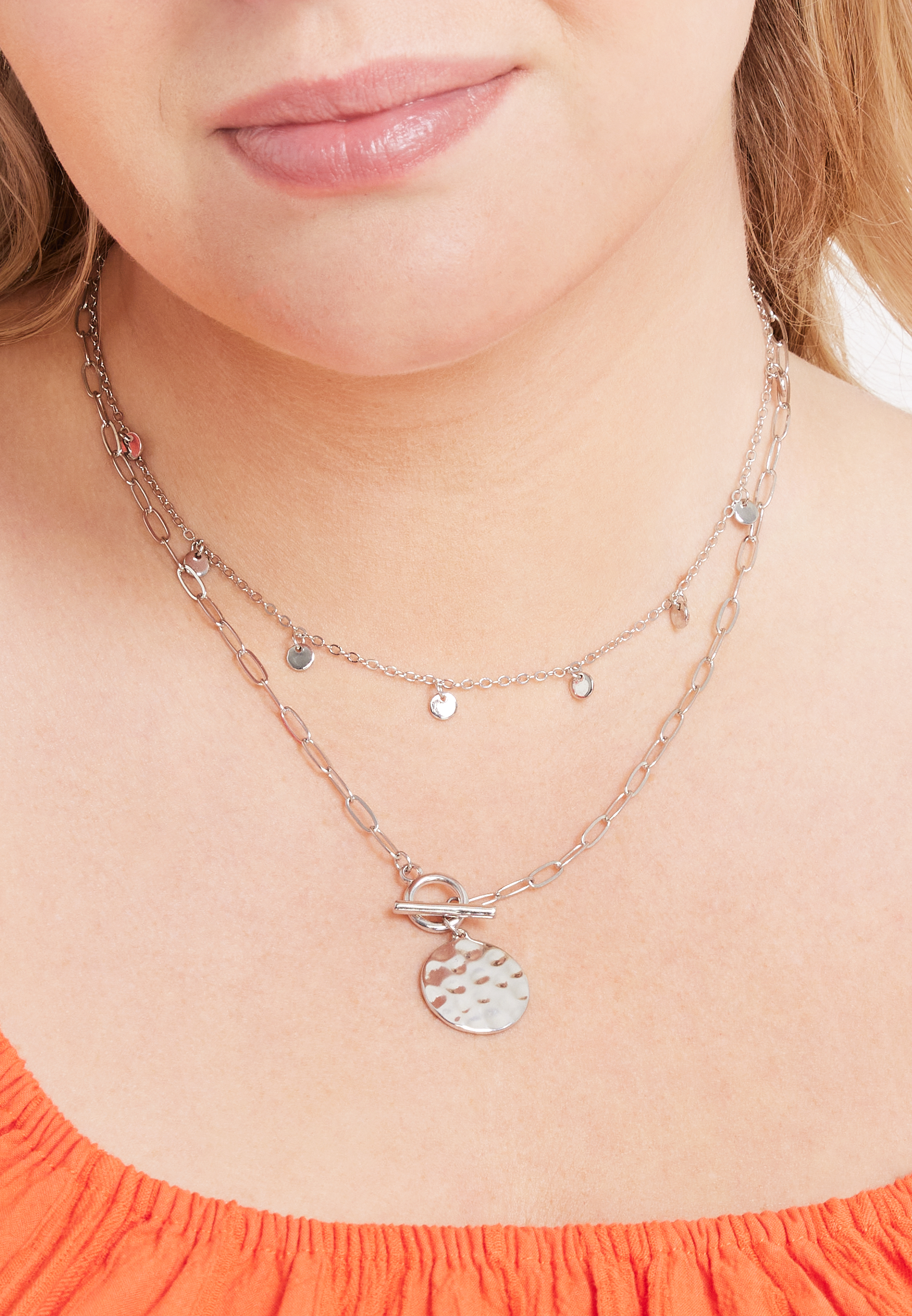 Silver Hammered Charm Layered Necklace, , large