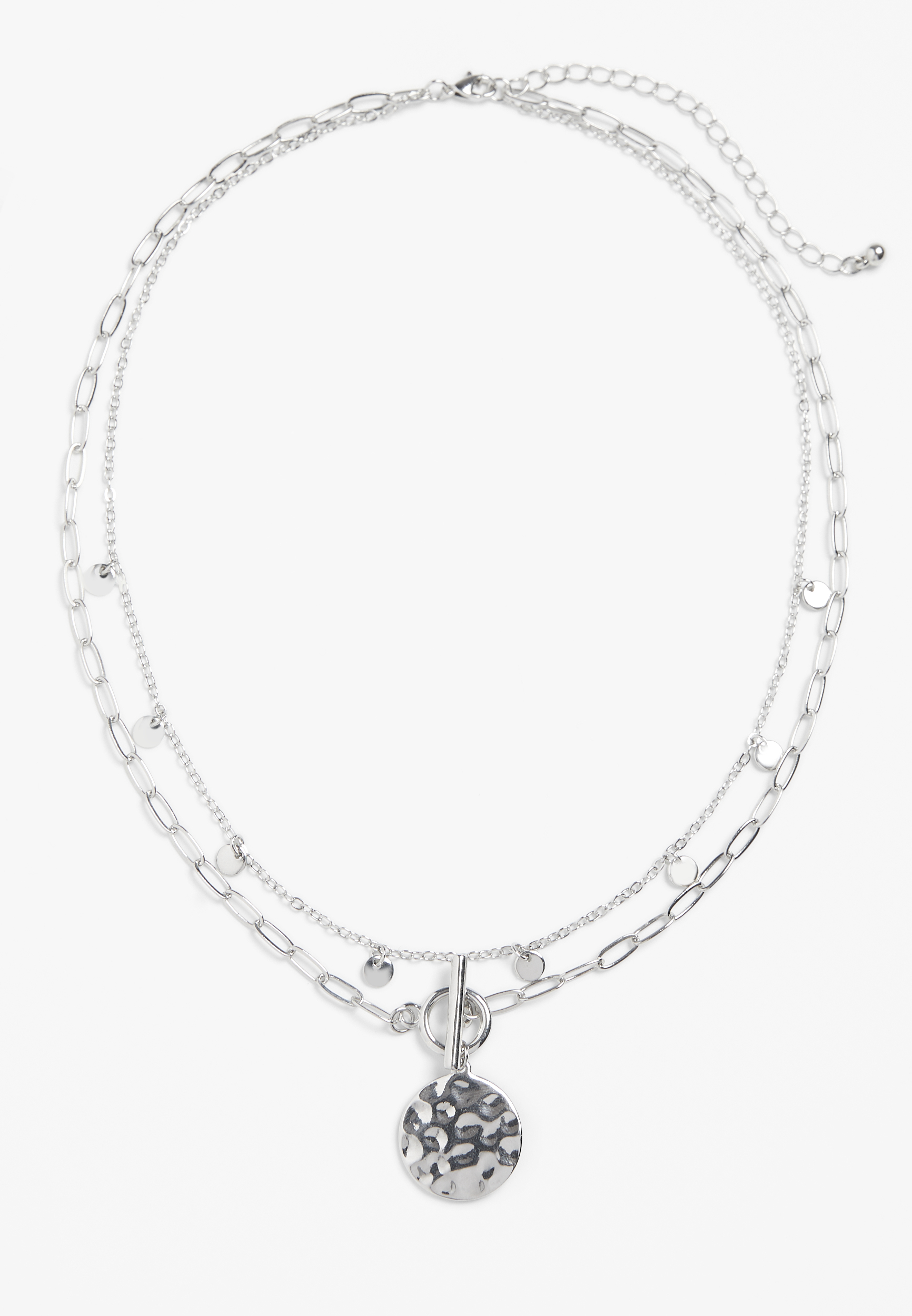 Silver Hammered Charm Layered Necklace, , large