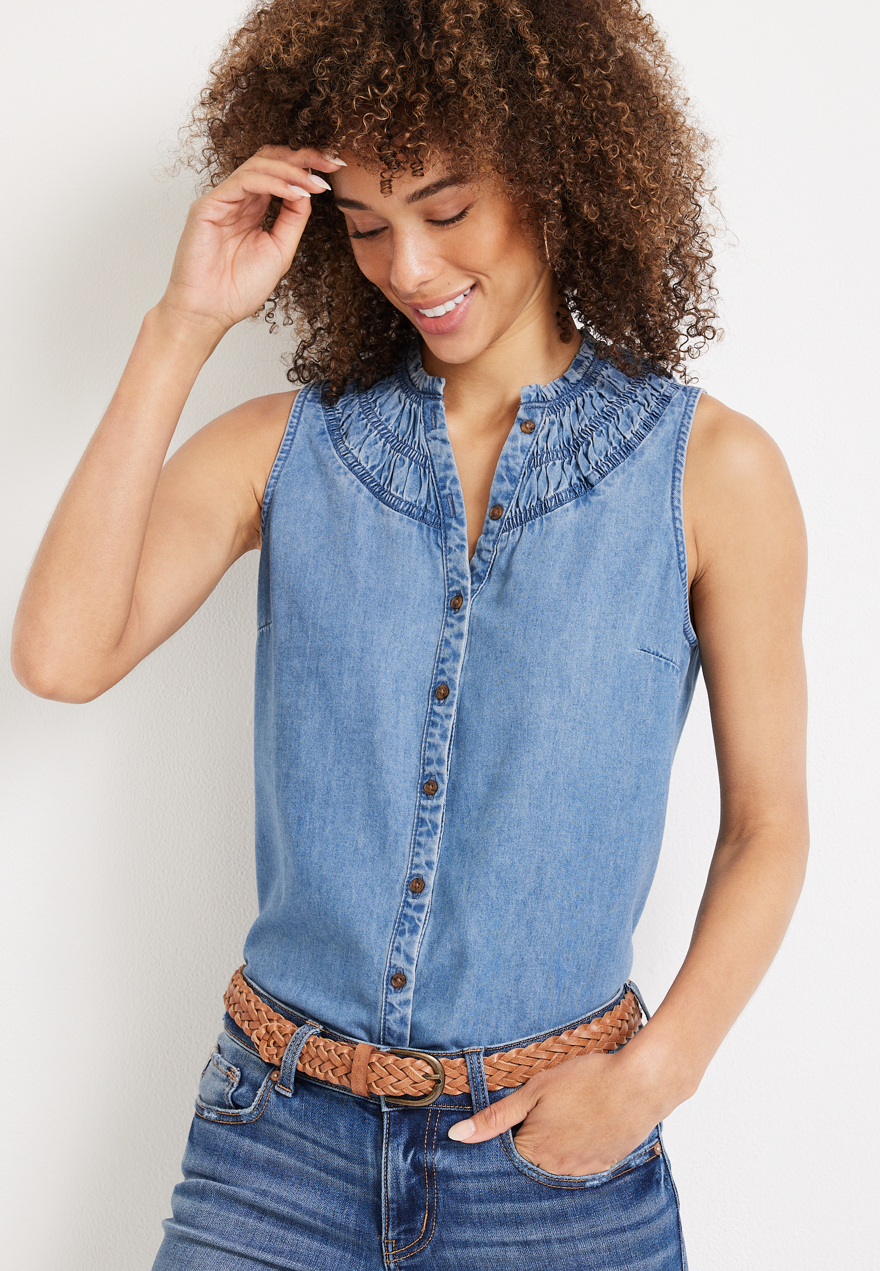 Chambray High Neck Tank Top | maurices