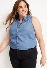 Plus Size Chambray High Neck Tank Top, CHAMBRAY, small