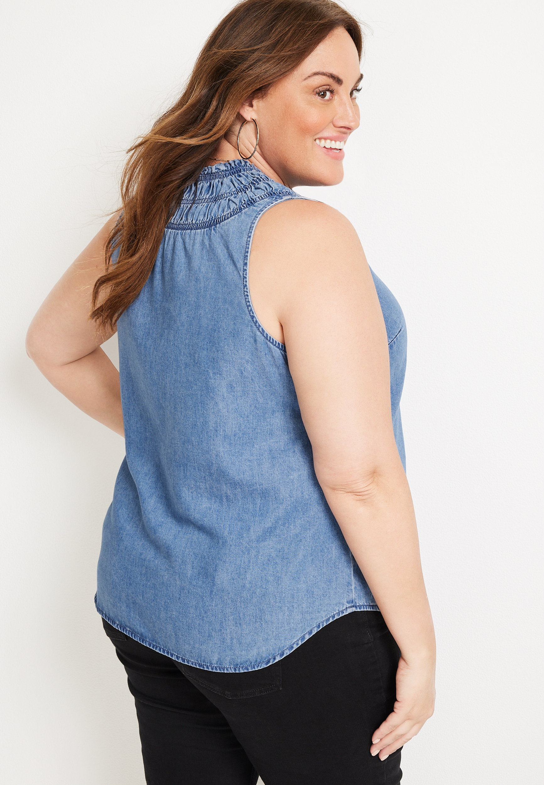 Plus Size Chambray High Neck Tank Top, CHAMBRAY, large