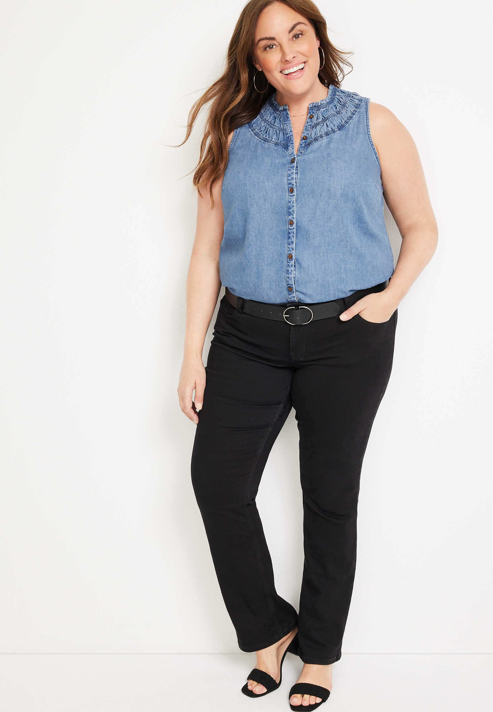 Plus Size Chambray High Neck Tank Top, CHAMBRAY, large