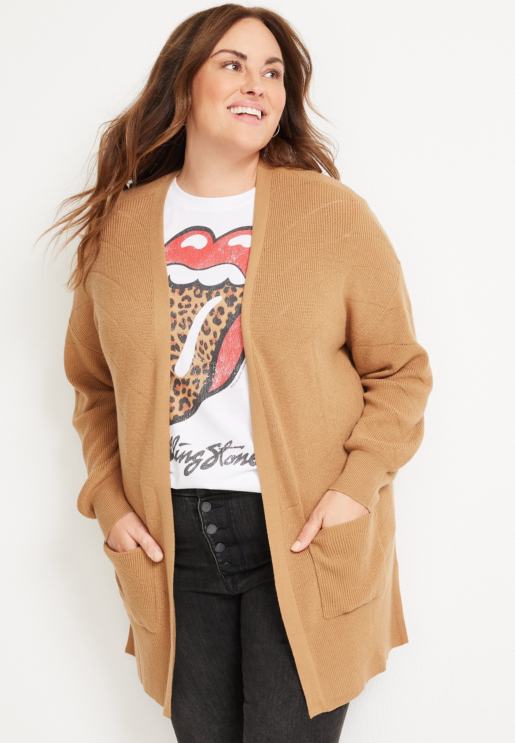 Plus Drop Shoulder Open Front Cardigan