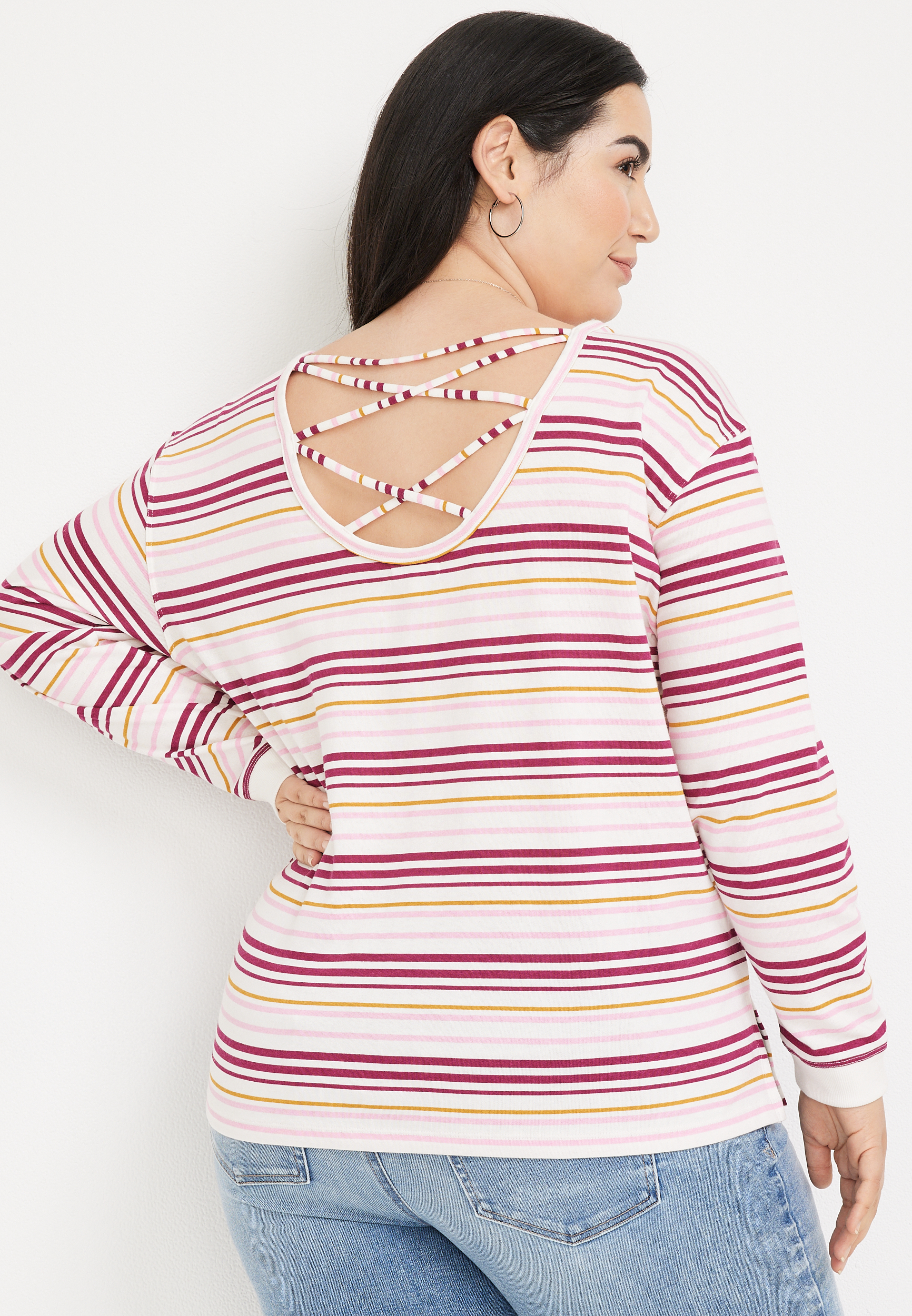 Plus Size Striped Criss Cross Back Sweatshirt, C1524, large