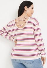Plus Size Striped Criss Cross Back Sweatshirt, C1524, small