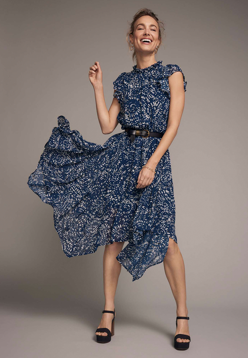 Scattered Dot Flutter Sleeve Midi Dress, , large