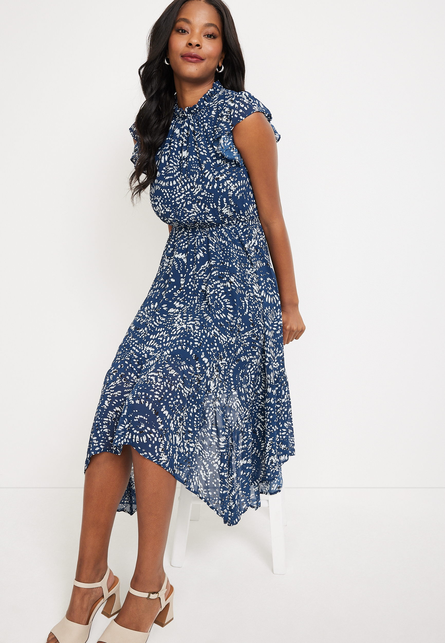 Scattered Dot Flutter Sleeve Midi Dress, , large