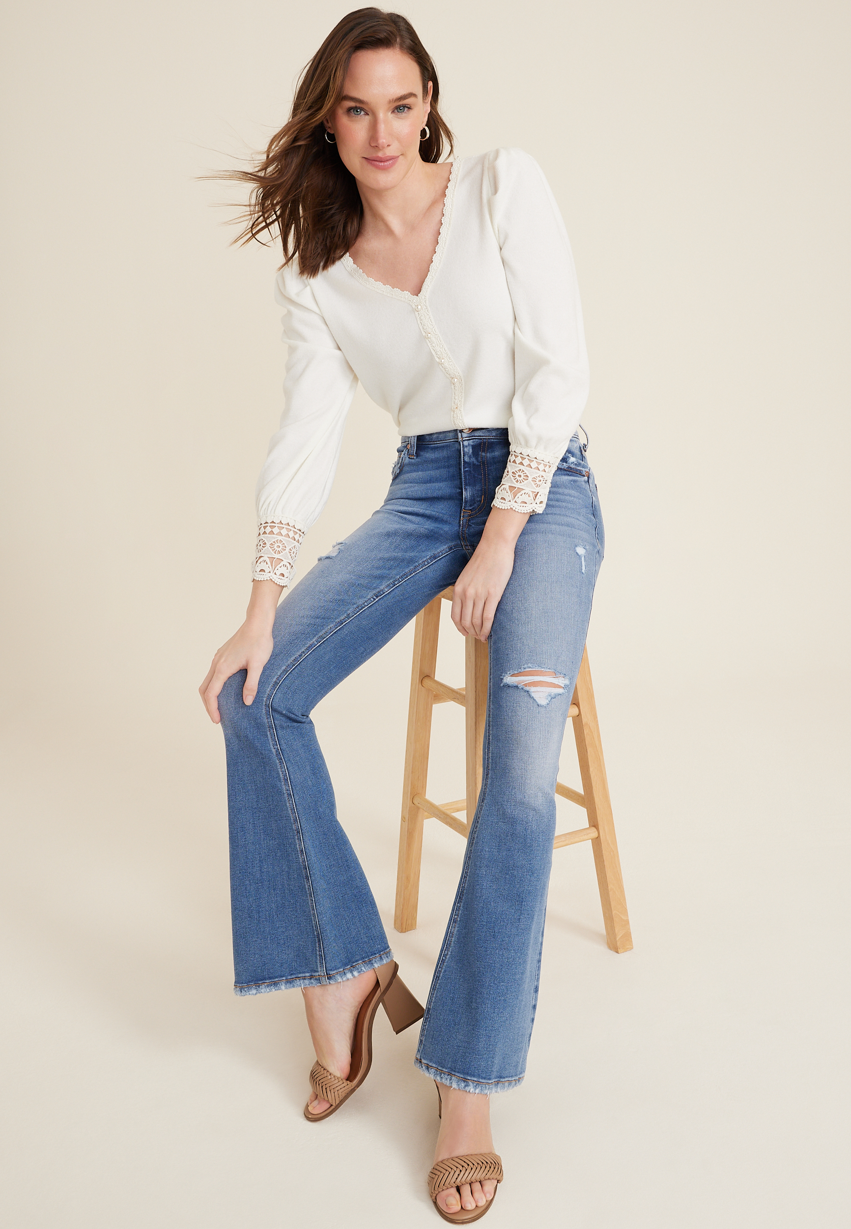 edgely&trade; Mid Rise Ripped Flare Jean, C3337, large