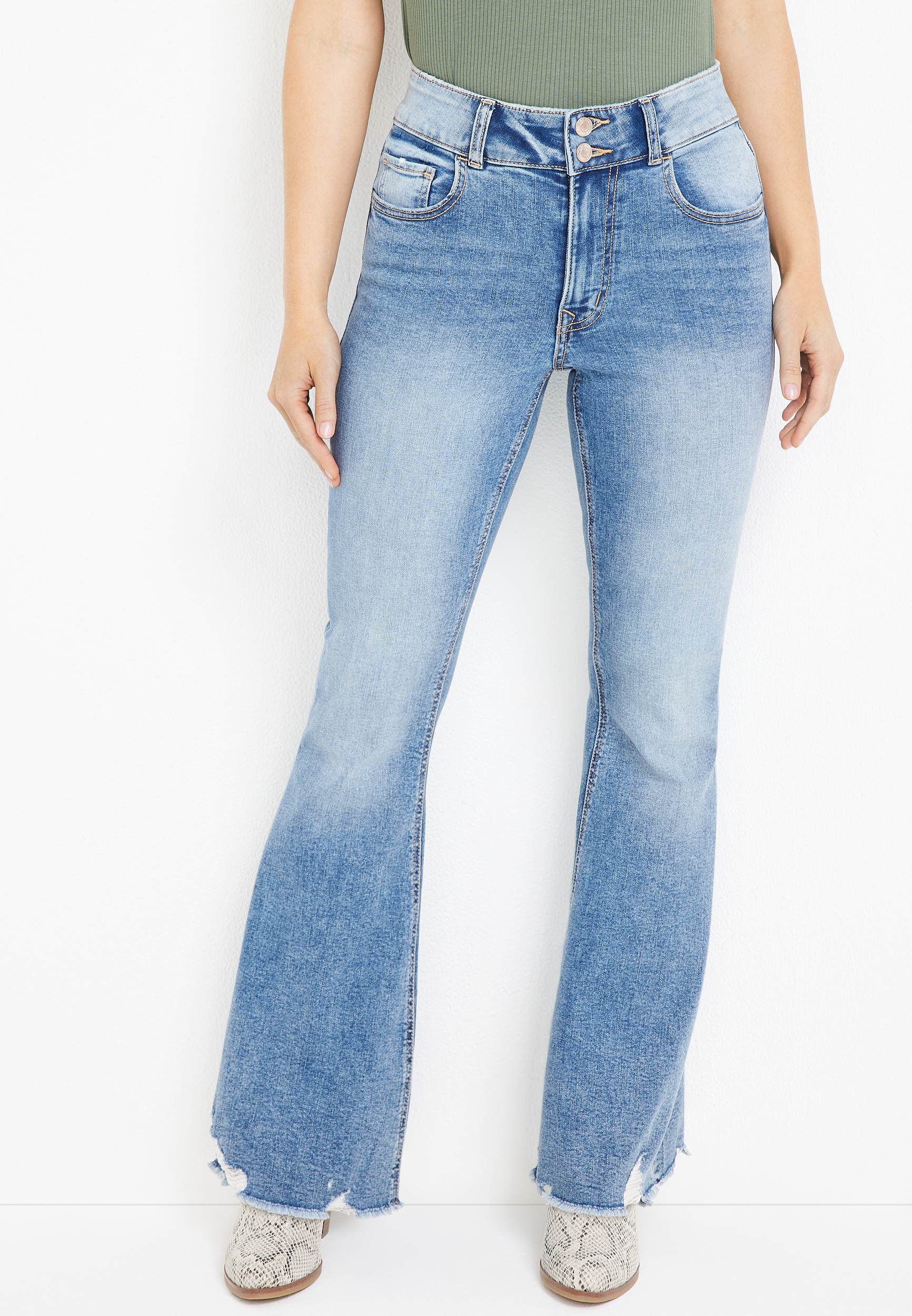 m jeans by maurices™ Flare Cool Comfort High Rise Ripped Hem Jean