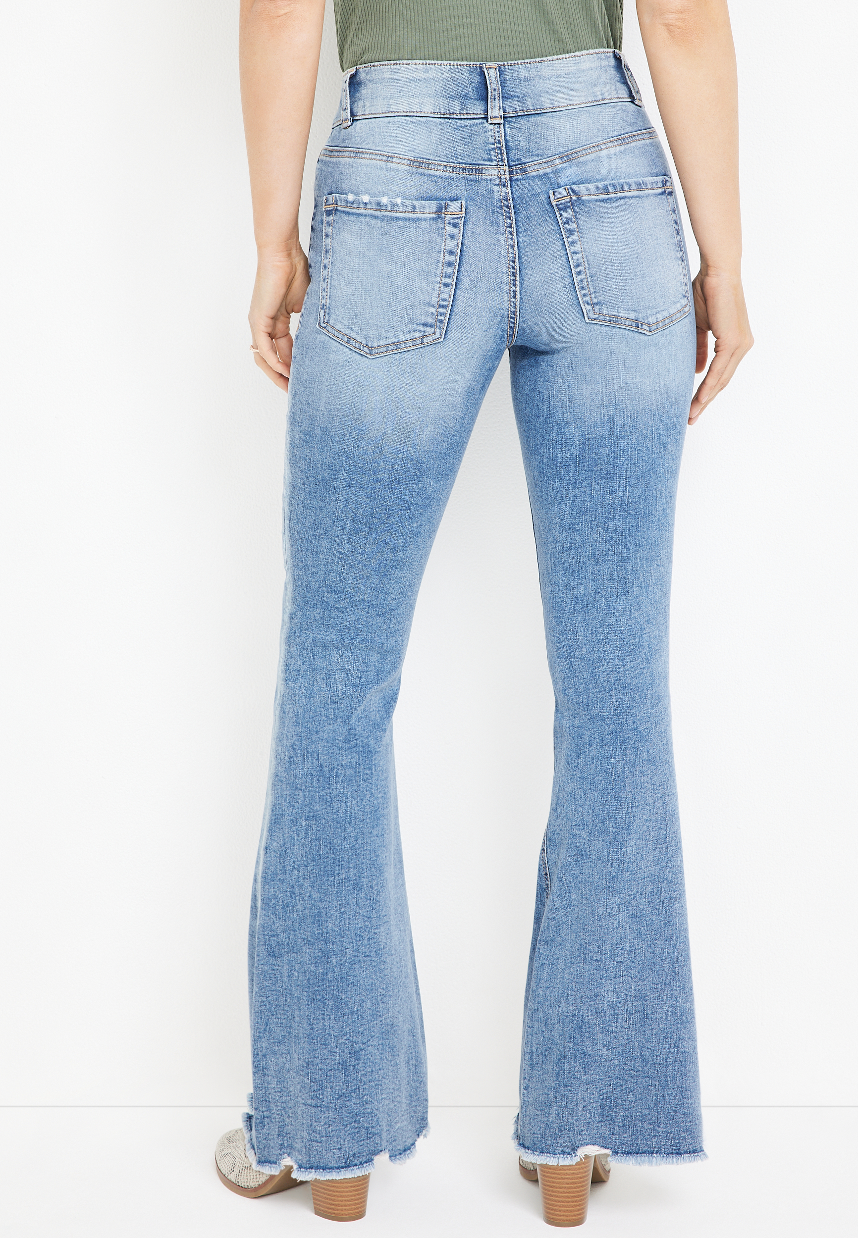 m jeans by maurices&trade; Flare Cool Comfort High Rise Ripped Hem Jean, LIGHT SANDBLAST, large
