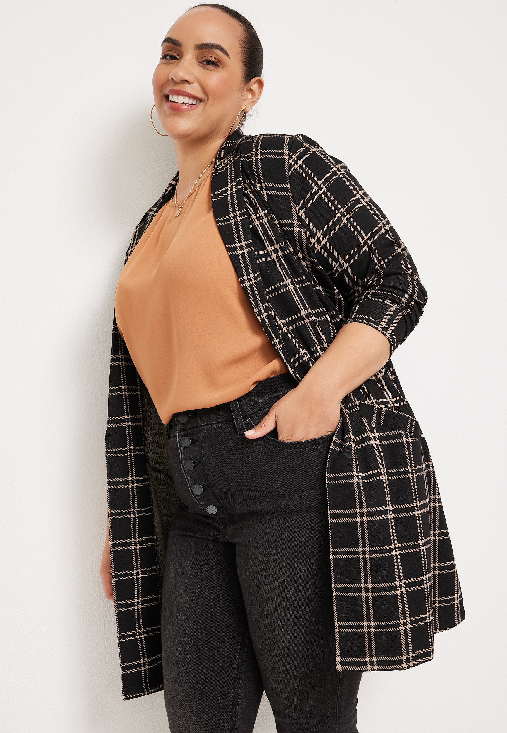 Plus Size Windowpane Duster Blazer, C1756, large