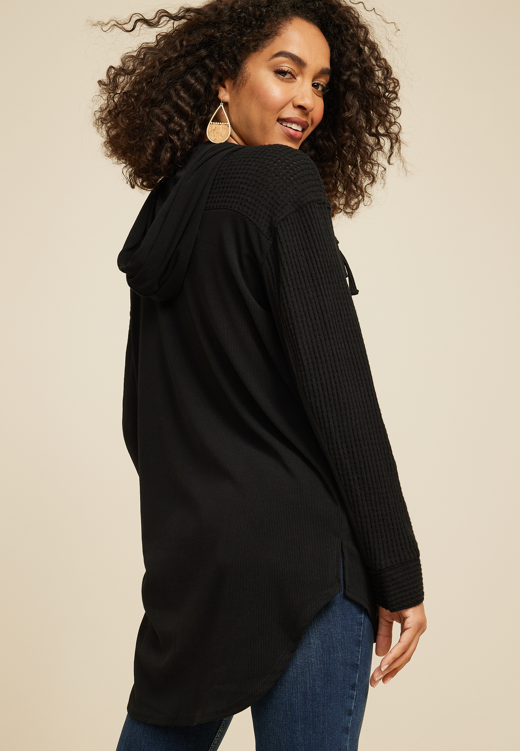 Hooded Waffle Cardigan, , large