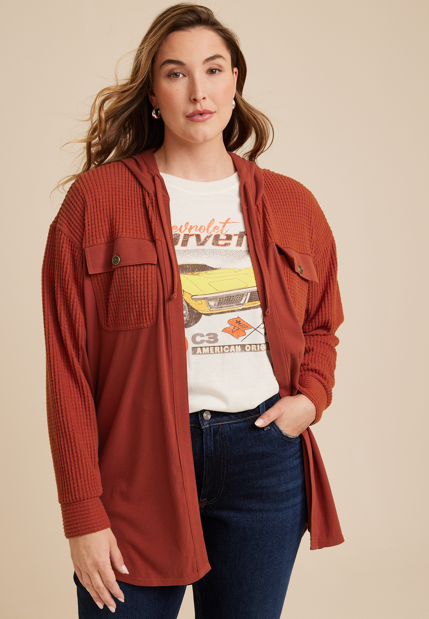Plus Size Hooded Waffle Cardigan