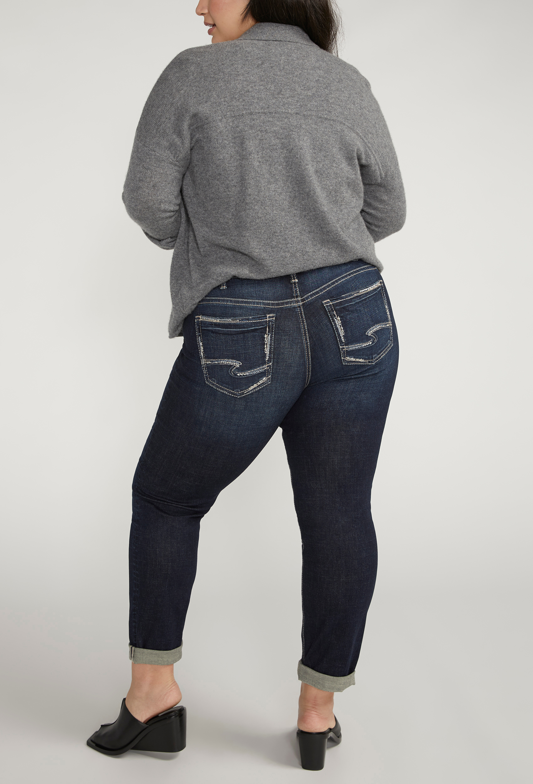 Plus Size Silver Jeans Co.&reg; Boyfriend Mid Rise Embroidered Lurex Pocket Jean, DARK SANDBLAST, large