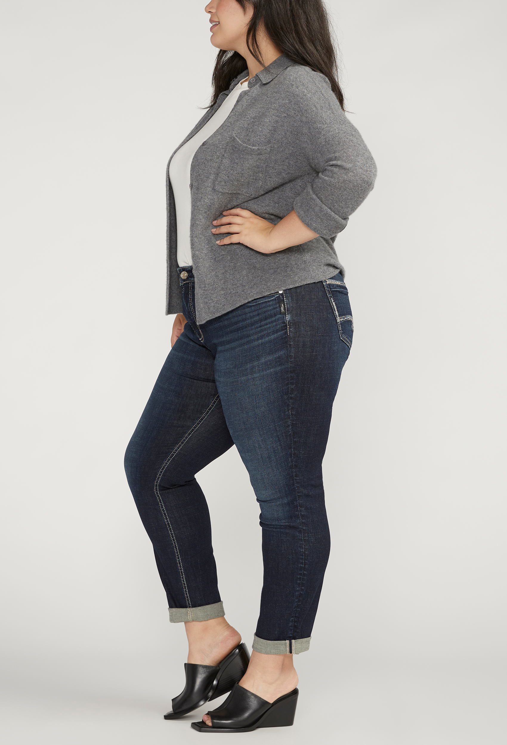 Plus Size Silver Jeans Co.&reg; Boyfriend Mid Rise Embroidered Lurex Pocket Jean, DARK SANDBLAST, large