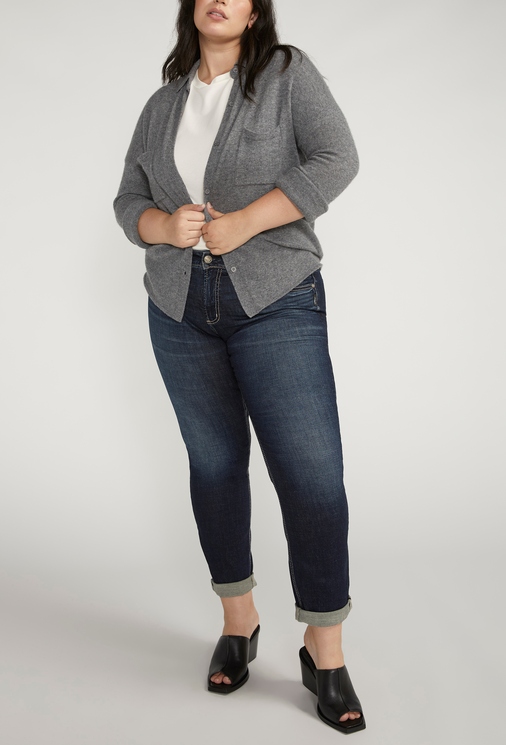 Plus Size Silver Jeans Co.&reg; Boyfriend Mid Rise Embroidered Lurex Pocket Jean, DARK SANDBLAST, large