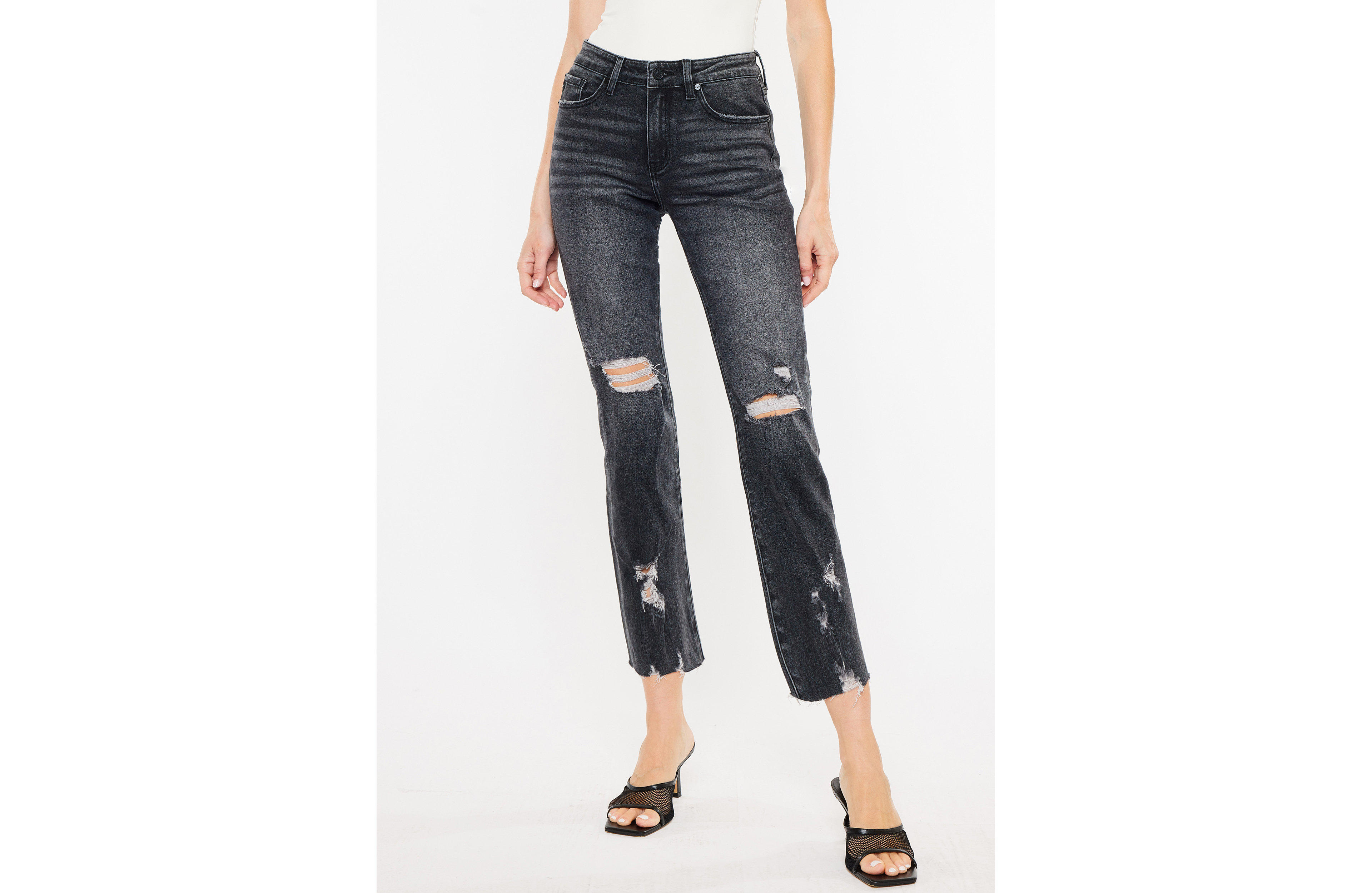 KanCan™ Charcoal Ankle Straight Mid Rise Ripped Jean