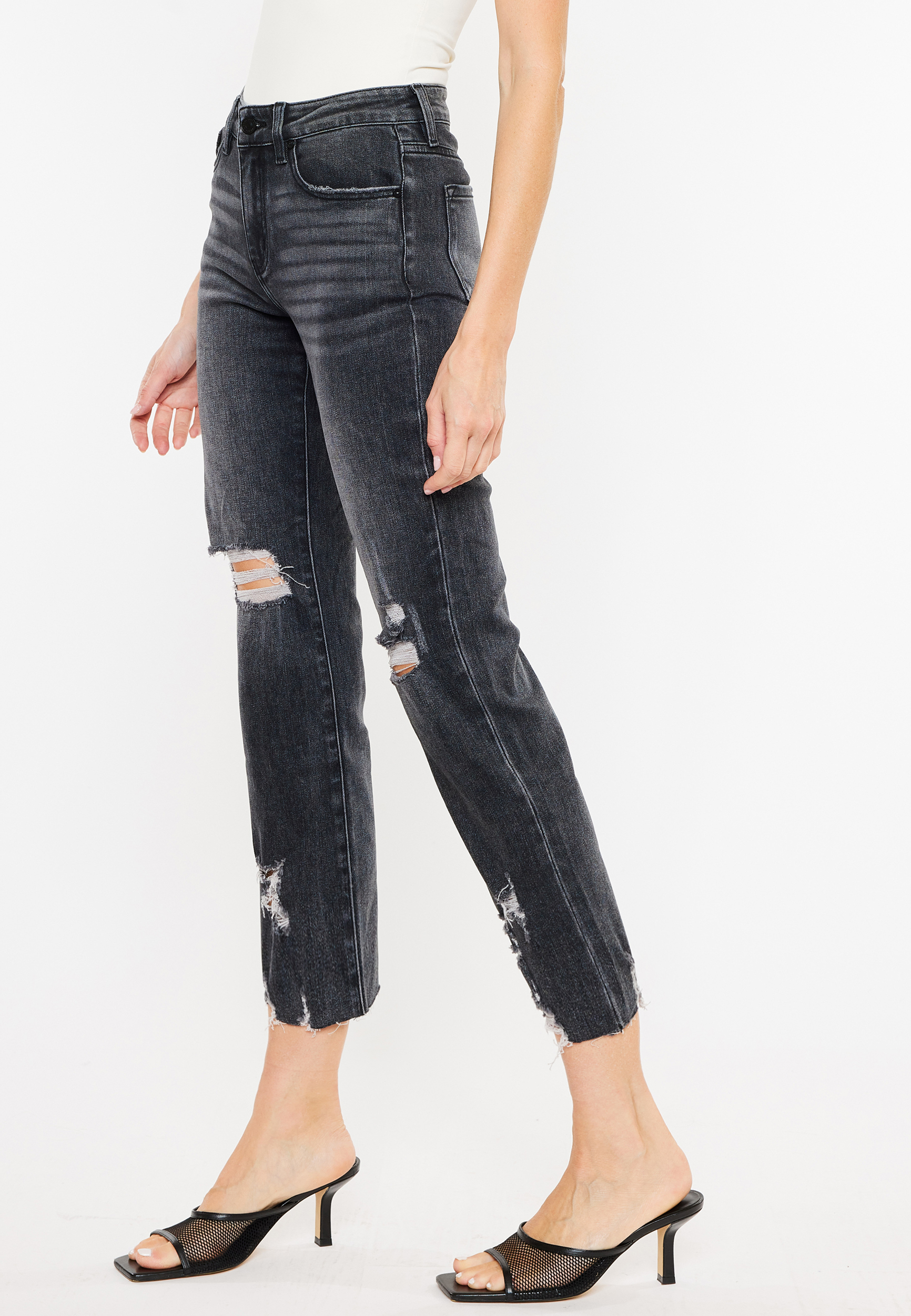 KanCan&trade; Charcoal Ankle Straight Mid Rise Ripped Jean, C106, large